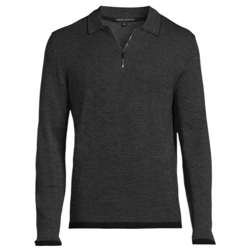 Robert Barakett Large Wool Long Slv Herringbone Quarter Zip‎ Sweater Gray Black